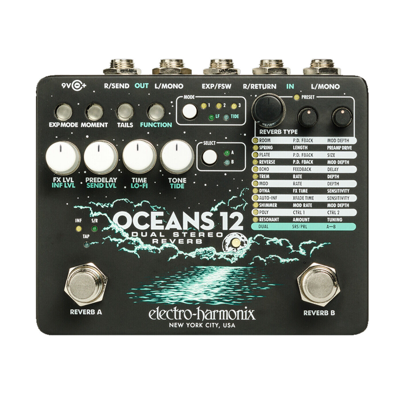 New - Electro Harmonix Oceans 12 Dual Stereo Reverb Pedal