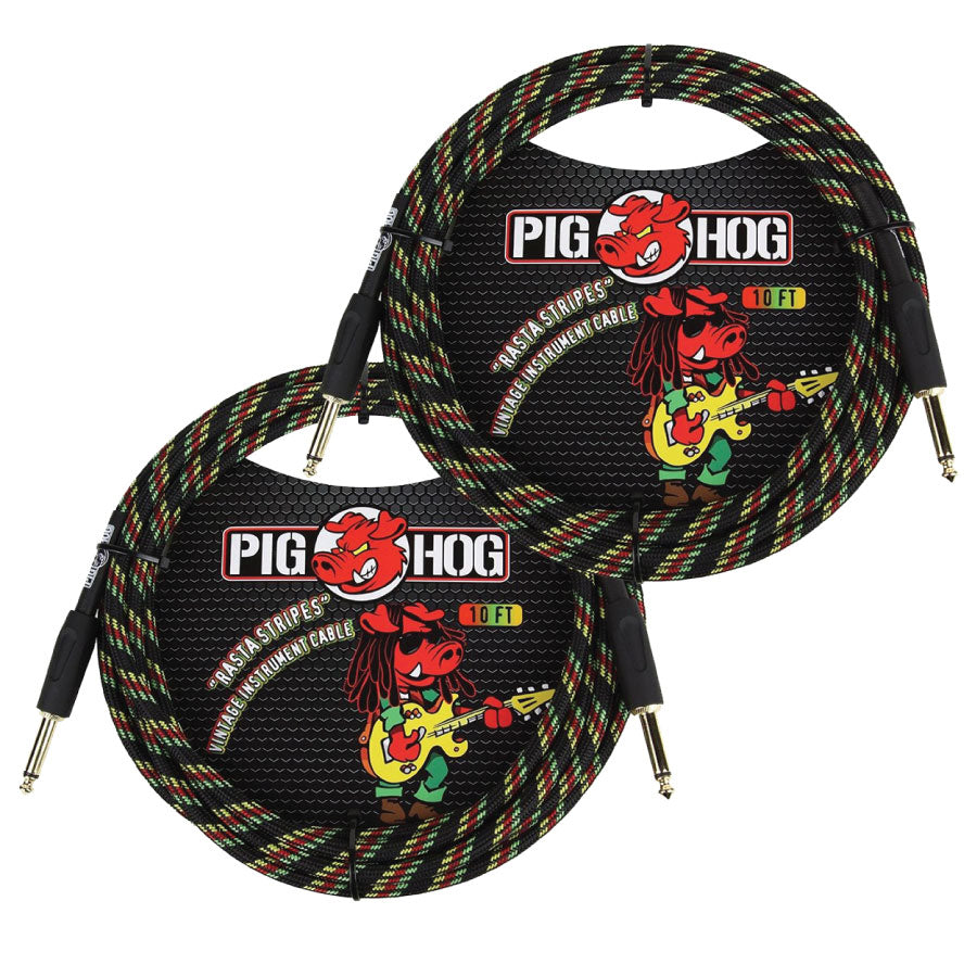Instrument Cable 10ft 2 Pack Pig Hog PCH10RA 'Rasta Stripes'