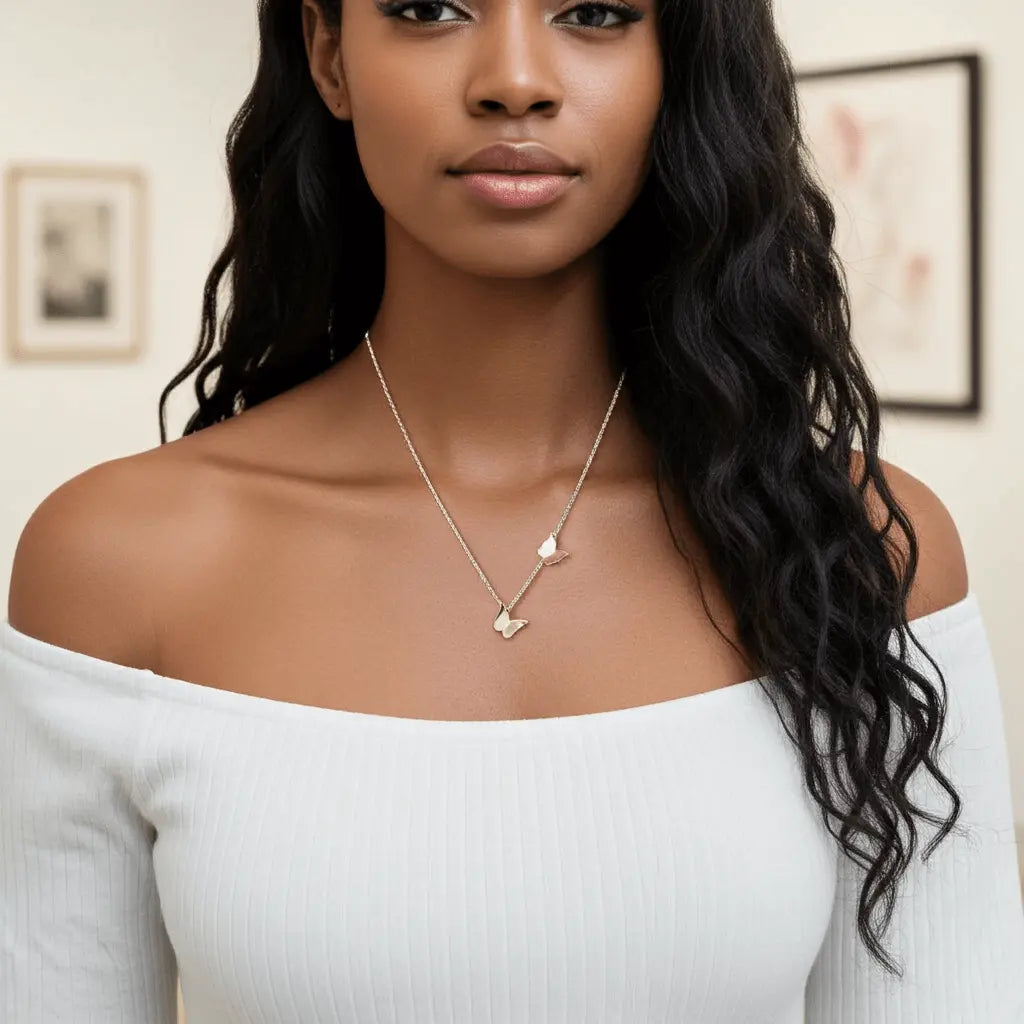 Gold Plated Butterfly Pendant Necklace Stainless Steel Layered Jewelry