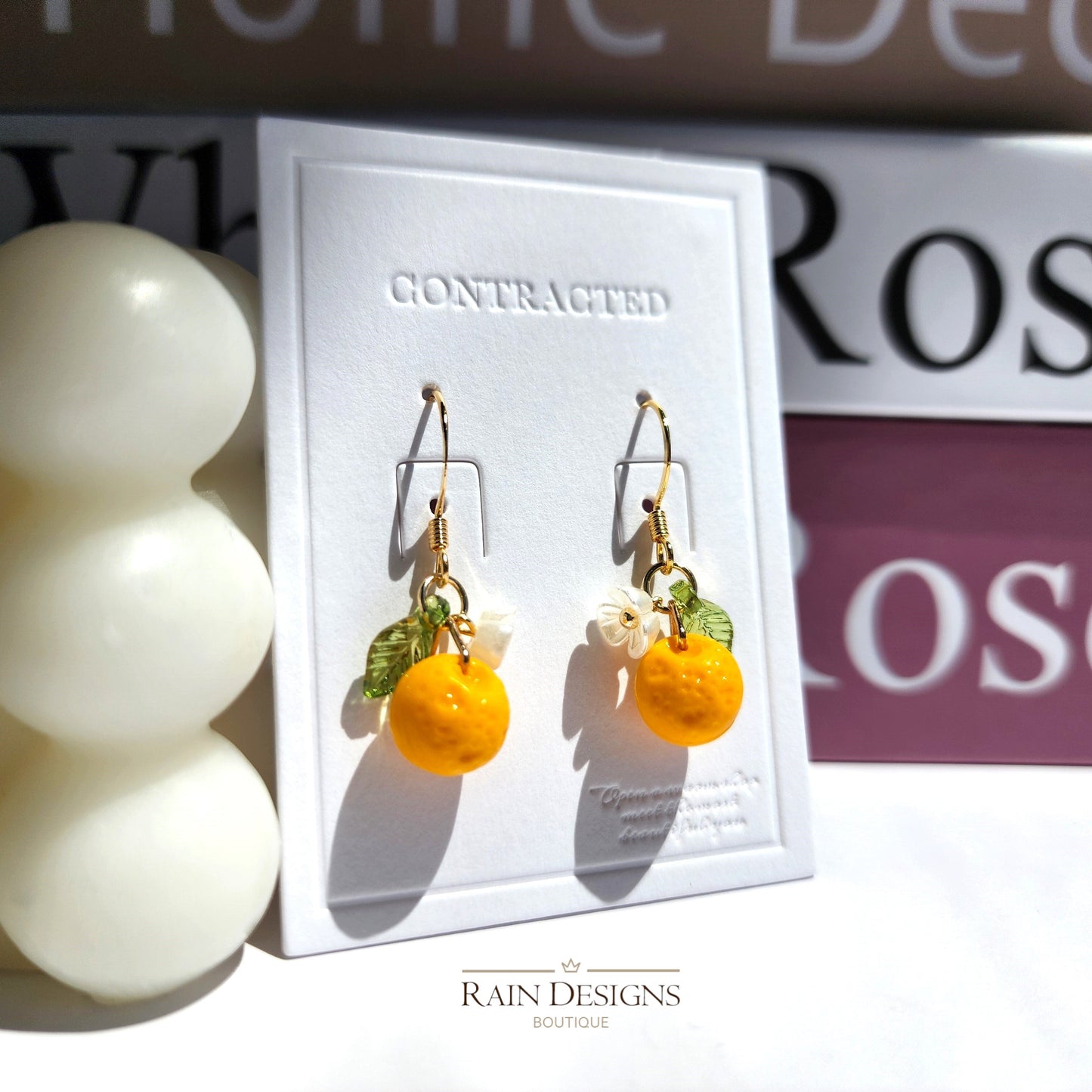 Gold Orange Handmade Czech Glass Fruit Dangle Earrings