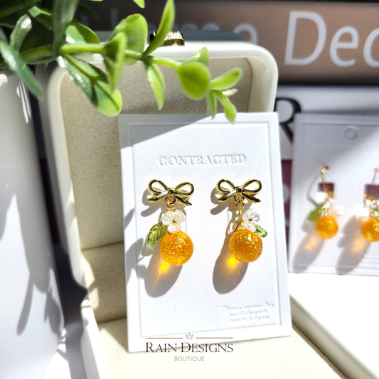 Gold Orange Handmade Czech Glass Fruit Dangle Earrings