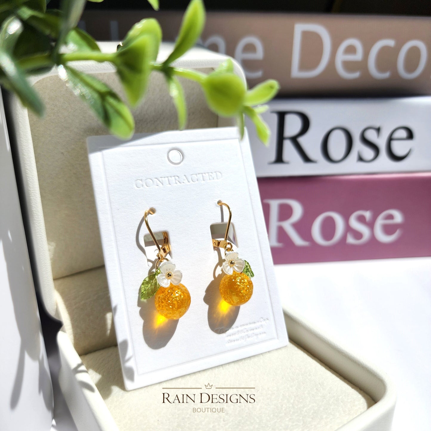 Gold Orange Handmade Czech Glass Fruit Dangle Earrings