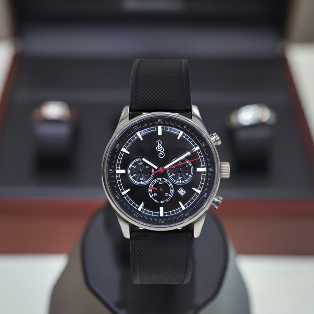 Black Sport Chronograph Black Silicone Strap Watch The Beyond Boring Watch Company