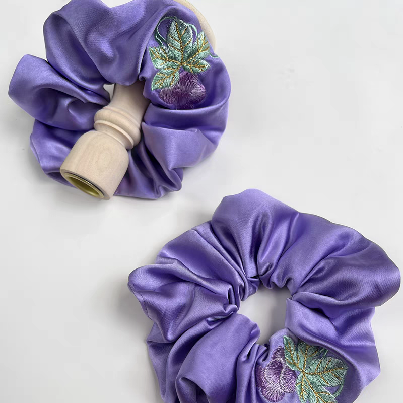 Grape Pattern Embroidered Satin Scrunchies Hair Accessory