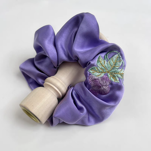 Grape Pattern Embroidered Satin Scrunchies Hair Accessory