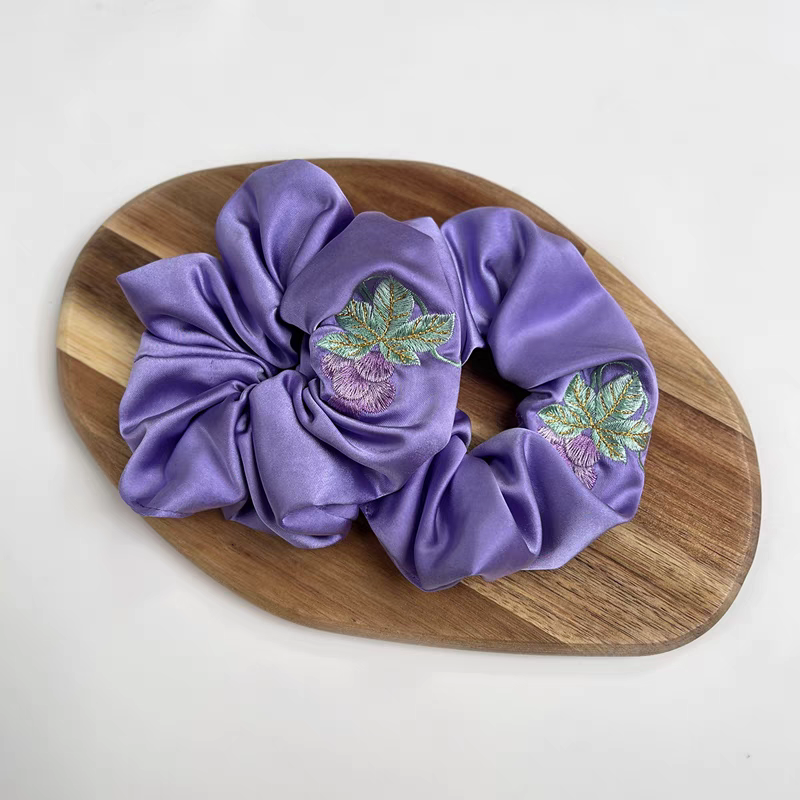 Grape Pattern Embroidered Satin Scrunchies Hair Accessory