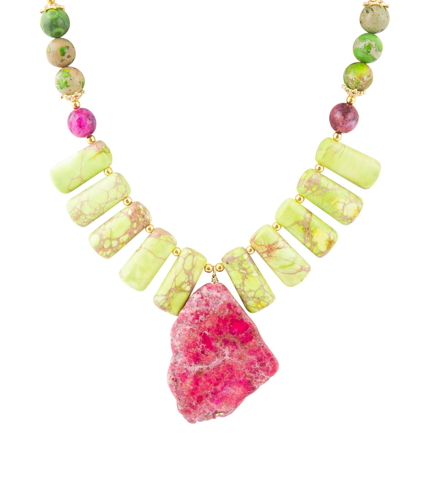 Pink Jasper Lime Green Pendant Golden Necklace