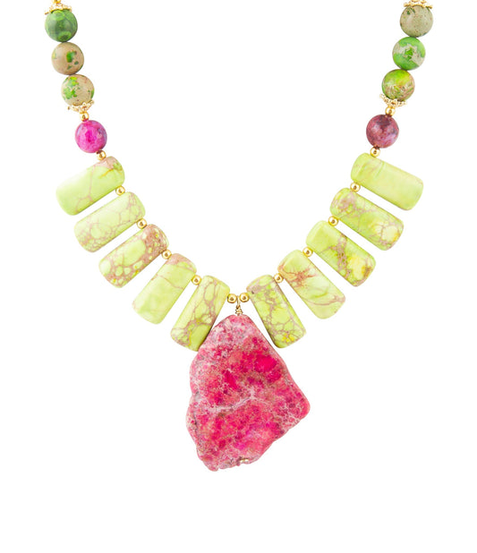 Pink Jasper Lime Green Pendant Golden Necklace