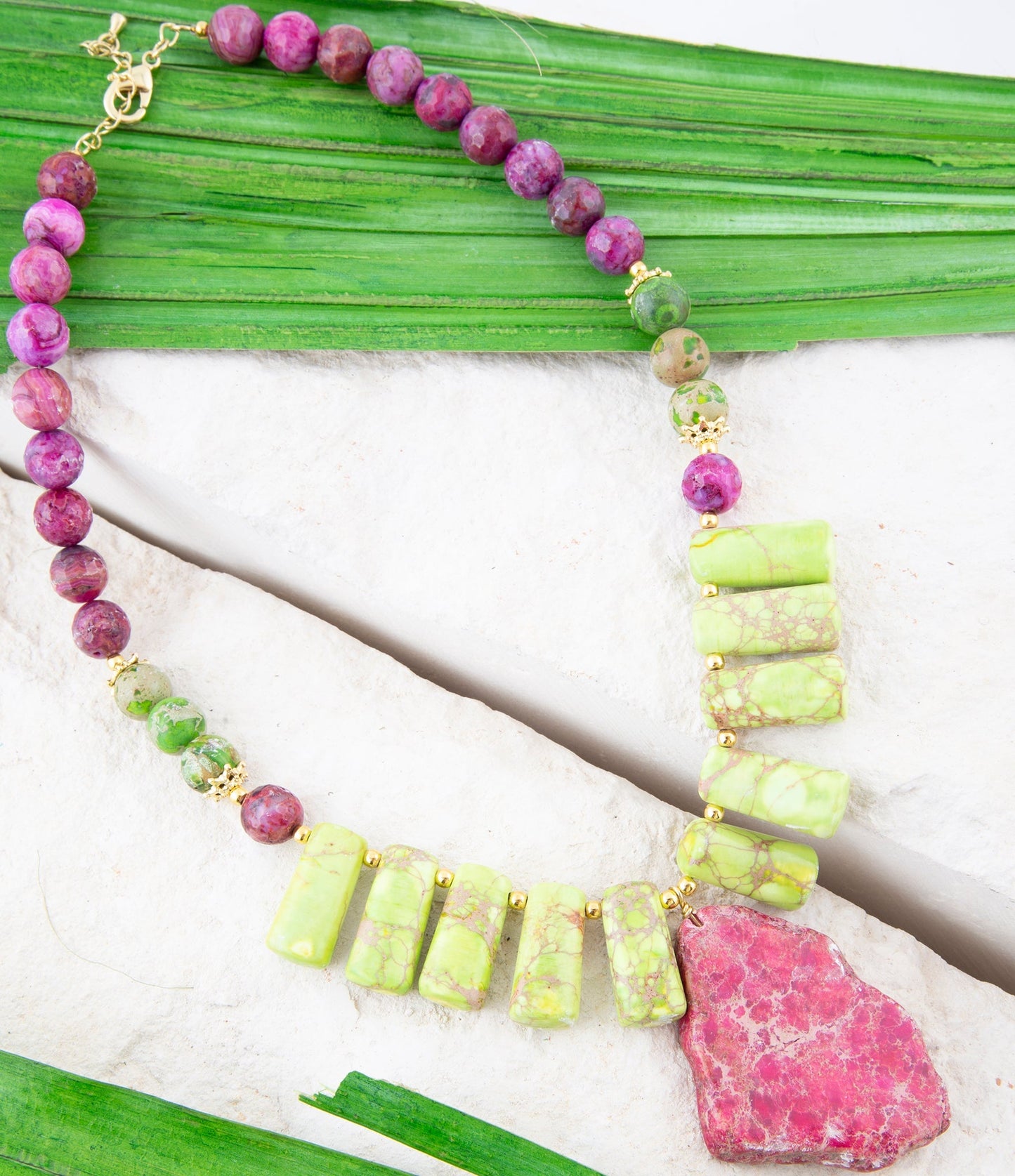 Pink Jasper Lime Green Pendant Golden Necklace