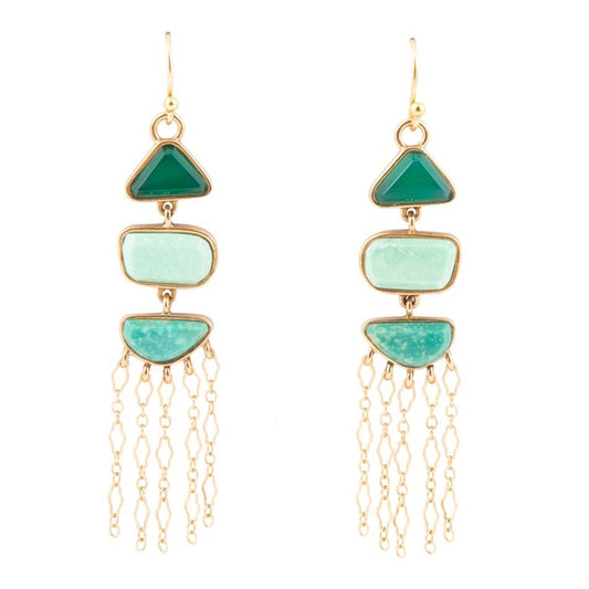 Green Multi Stone Golden Drop Earrings with Green Onyx Varacite Amazonite