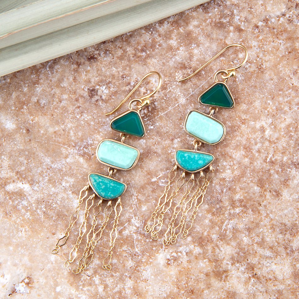 Green Multi Stone Golden Drop Earrings with Green Onyx Varacite Amazonite