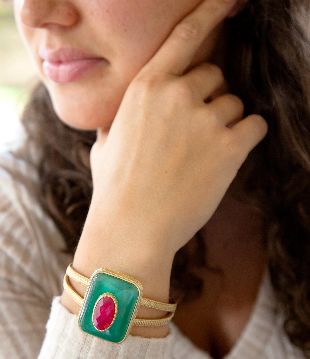 Green Onyx Stacked Red Quartz Golden Cuff Bracelet
