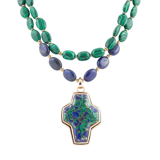 Green Malachite Azurite Cross Statement Golden Necklace