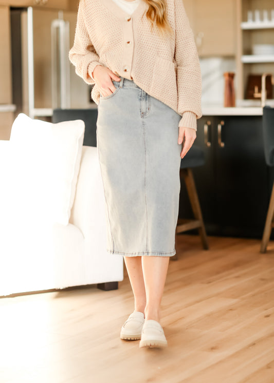 Light Wash Midi Denim Skirt Semi-Fitted Greta Inherit Co.