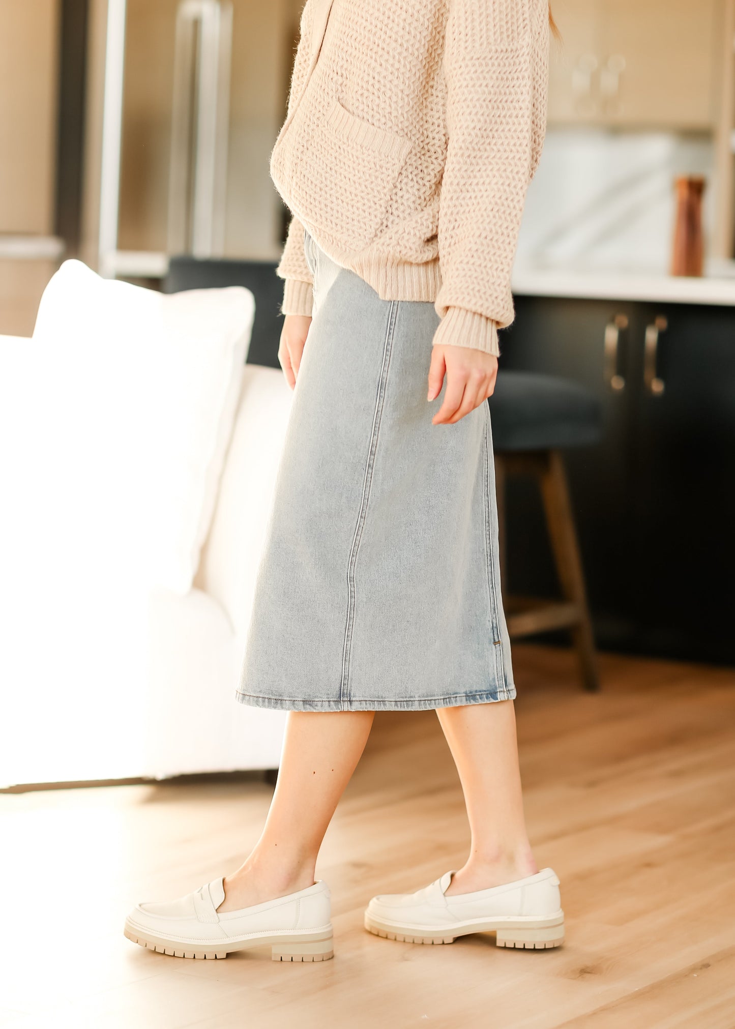 Light Wash Midi Denim Skirt Semi-Fitted Greta Inherit Co.