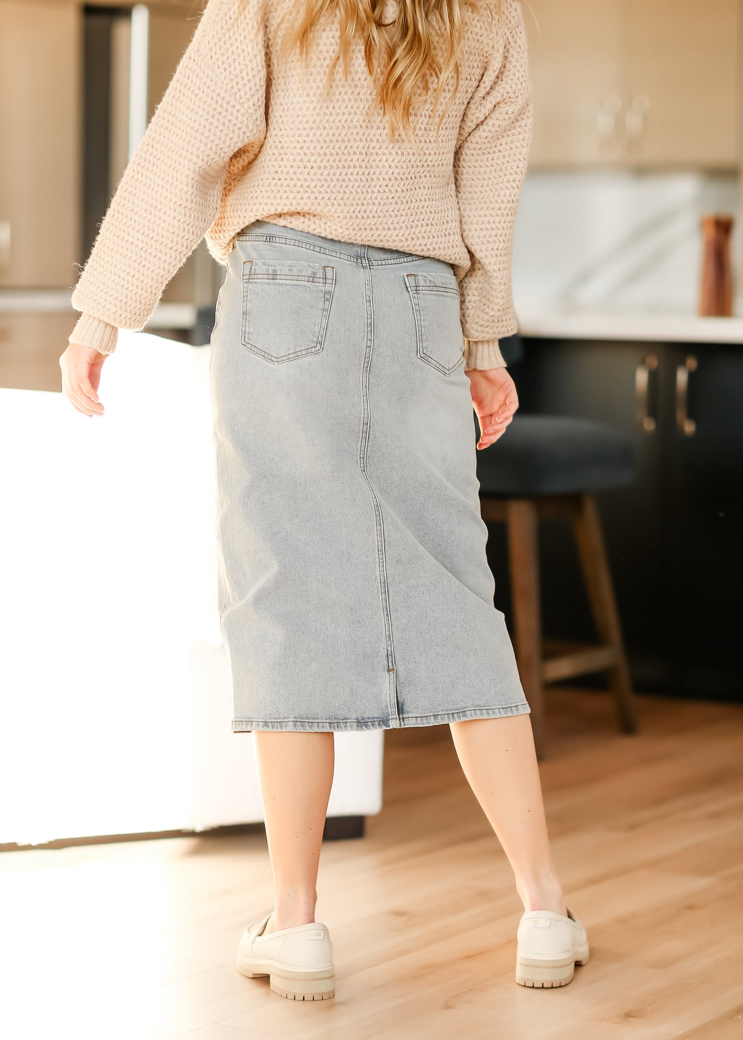 Light Wash Midi Denim Skirt Semi-Fitted Greta Inherit Co.