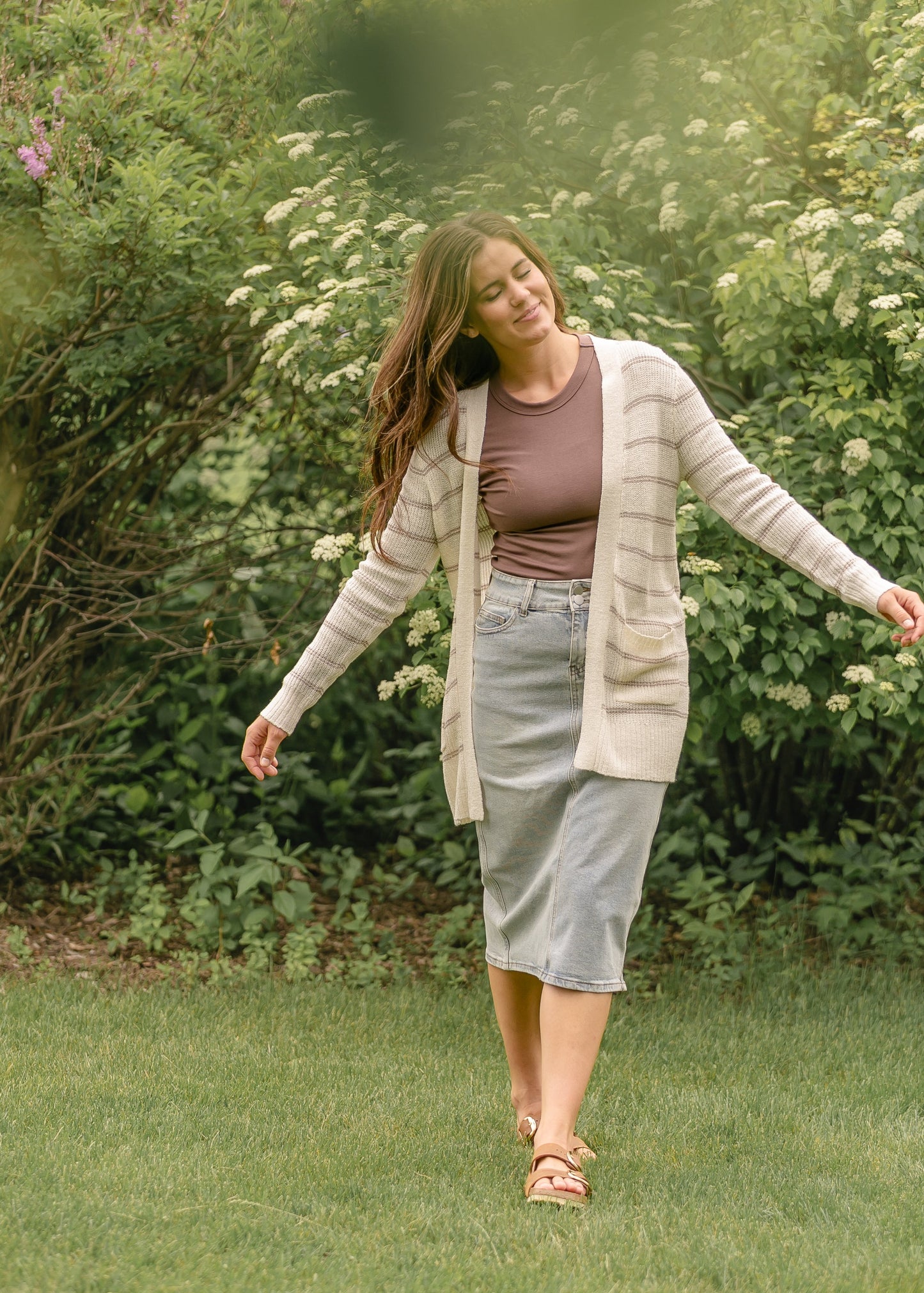 Light Wash Midi Denim Skirt Semi-Fitted Greta Inherit Co.