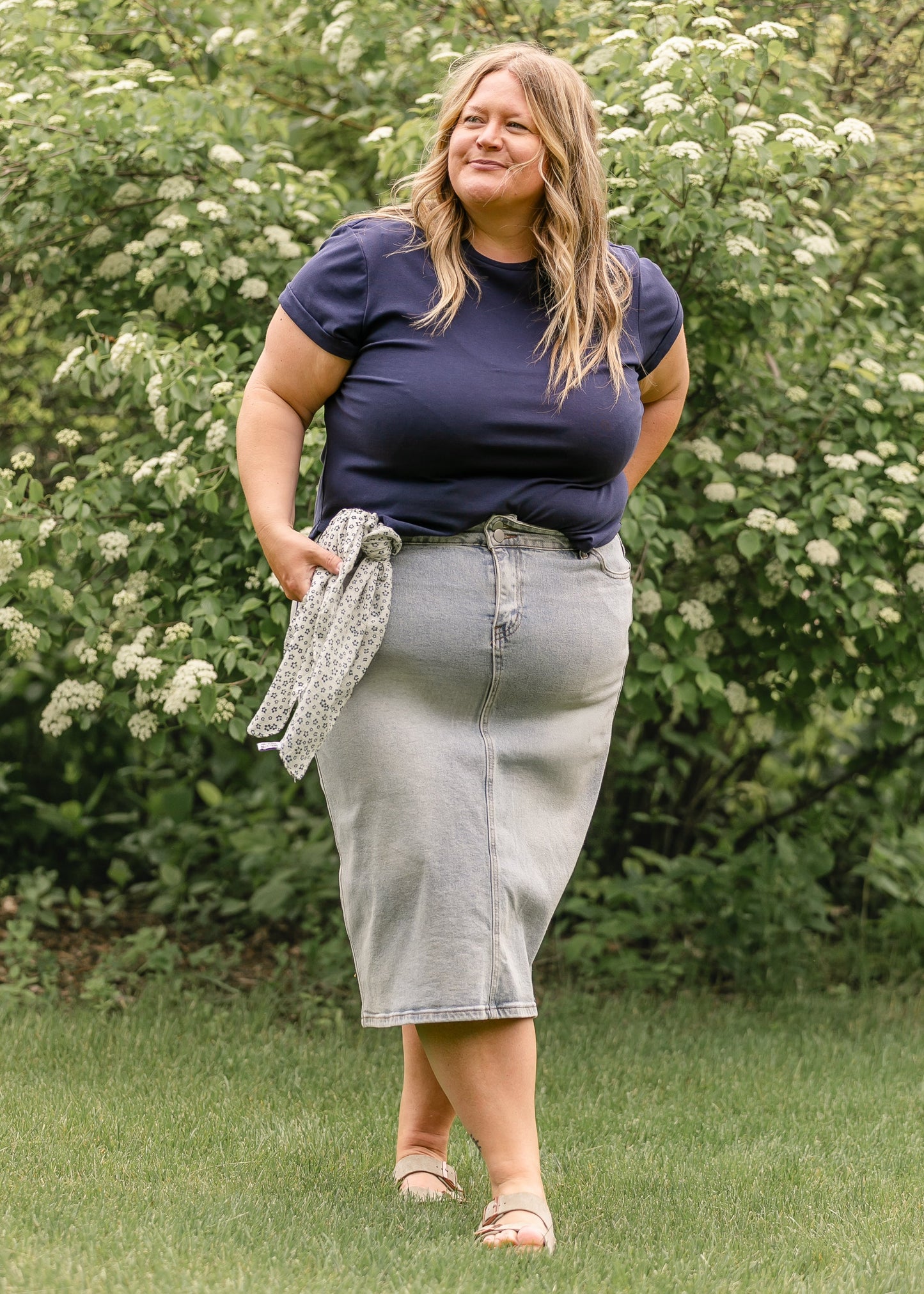Light Wash Midi Denim Skirt Semi-Fitted Greta Inherit Co.
