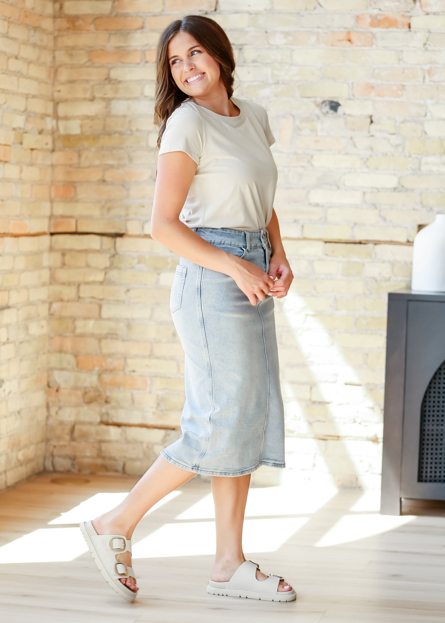 Light Wash Midi Denim Skirt Semi-Fitted Greta Inherit Co.