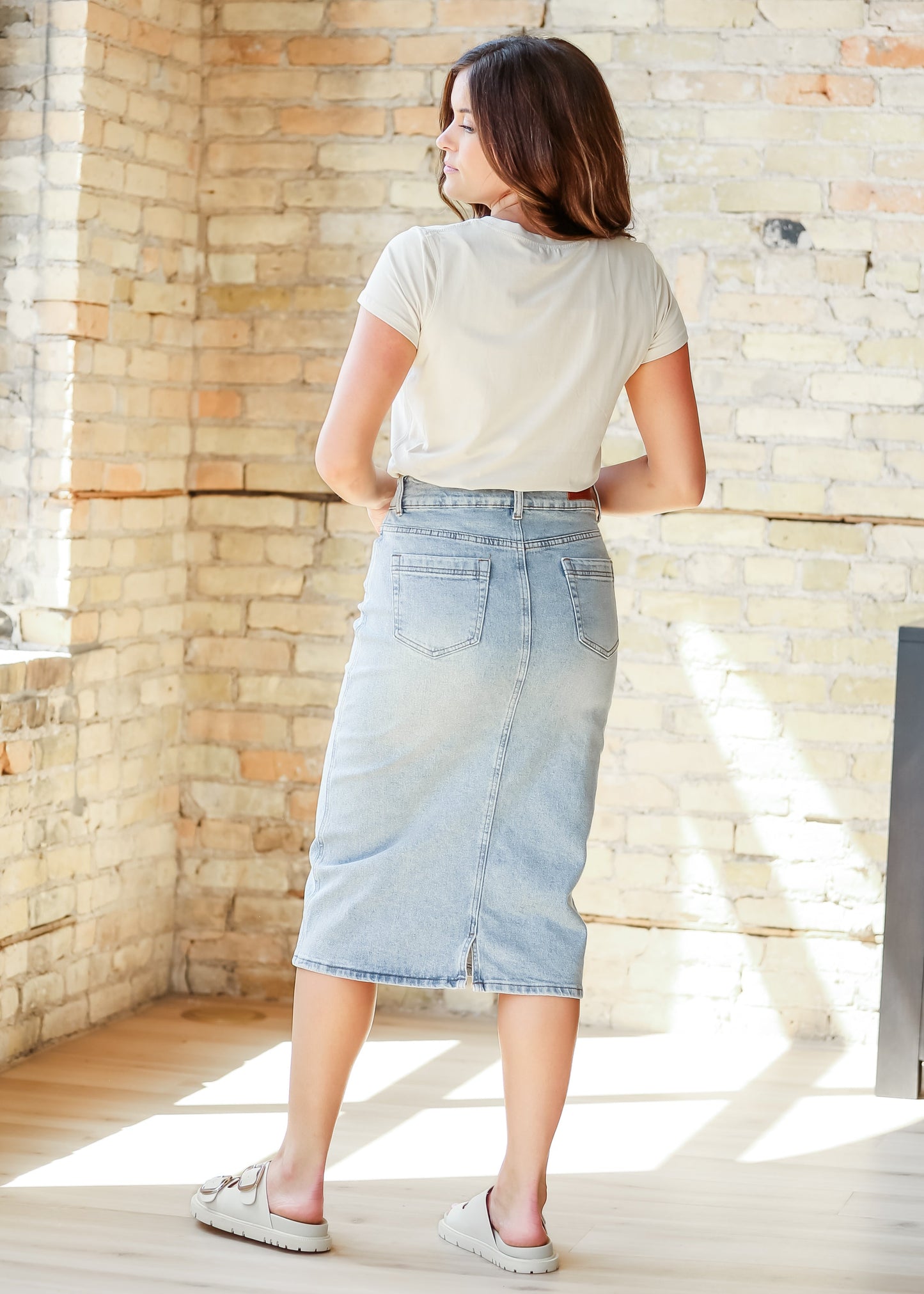 Light Wash Midi Denim Skirt Semi-Fitted Greta Inherit Co.