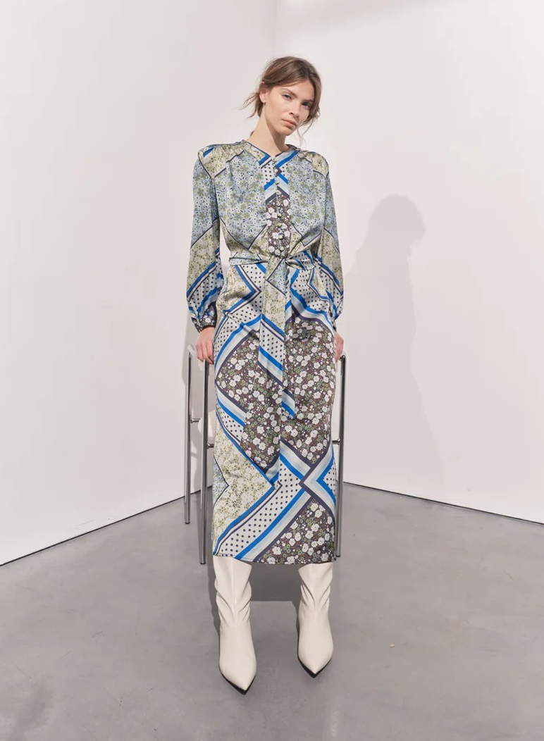 Green Scarf Print Maxi Dress Satin Belted Shirt Dress Alida