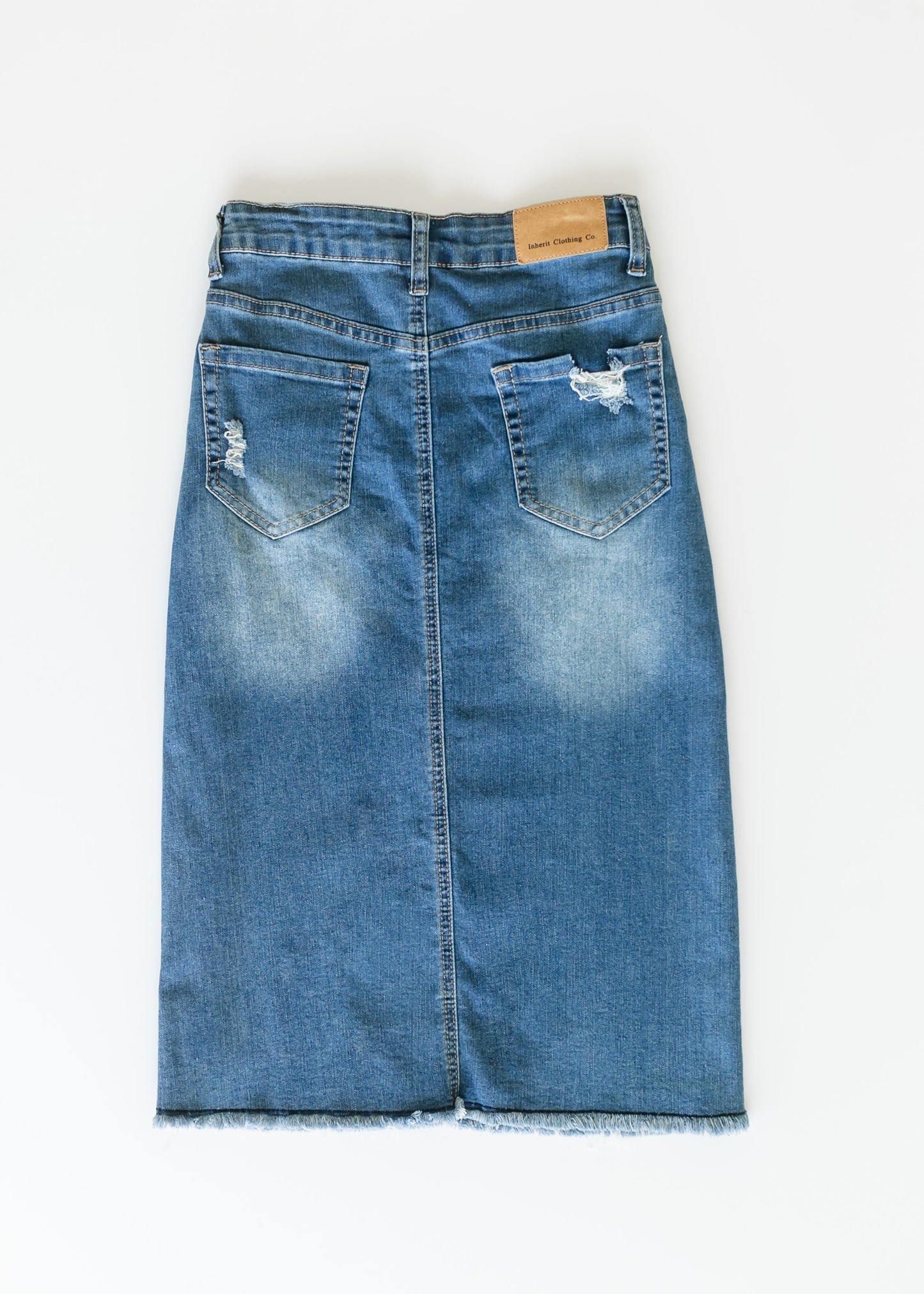 High Rise Stretch Denim Midi Skirt Hadley by Inherit Co.