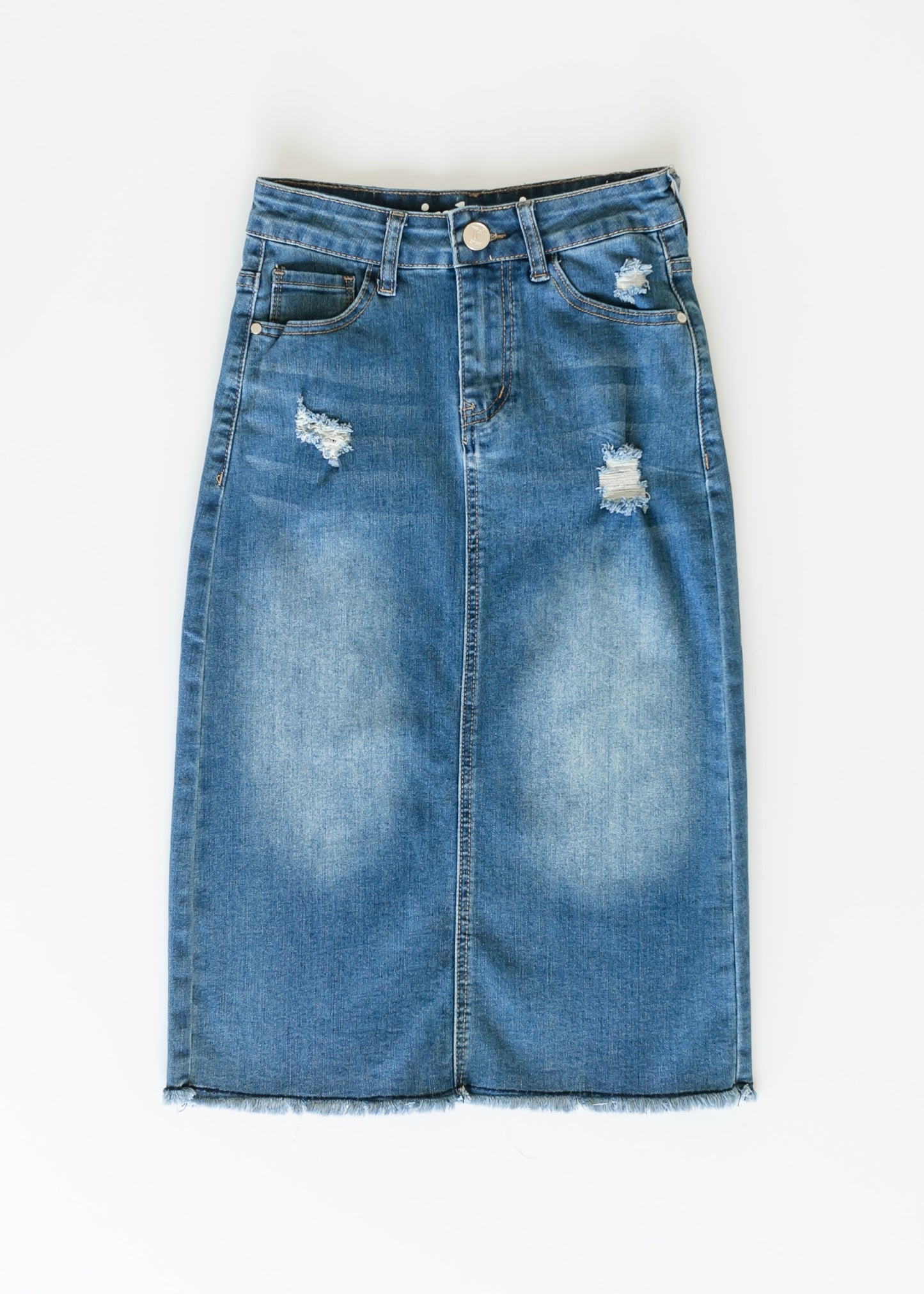High Rise Stretch Denim Midi Skirt Hadley by Inherit Co.