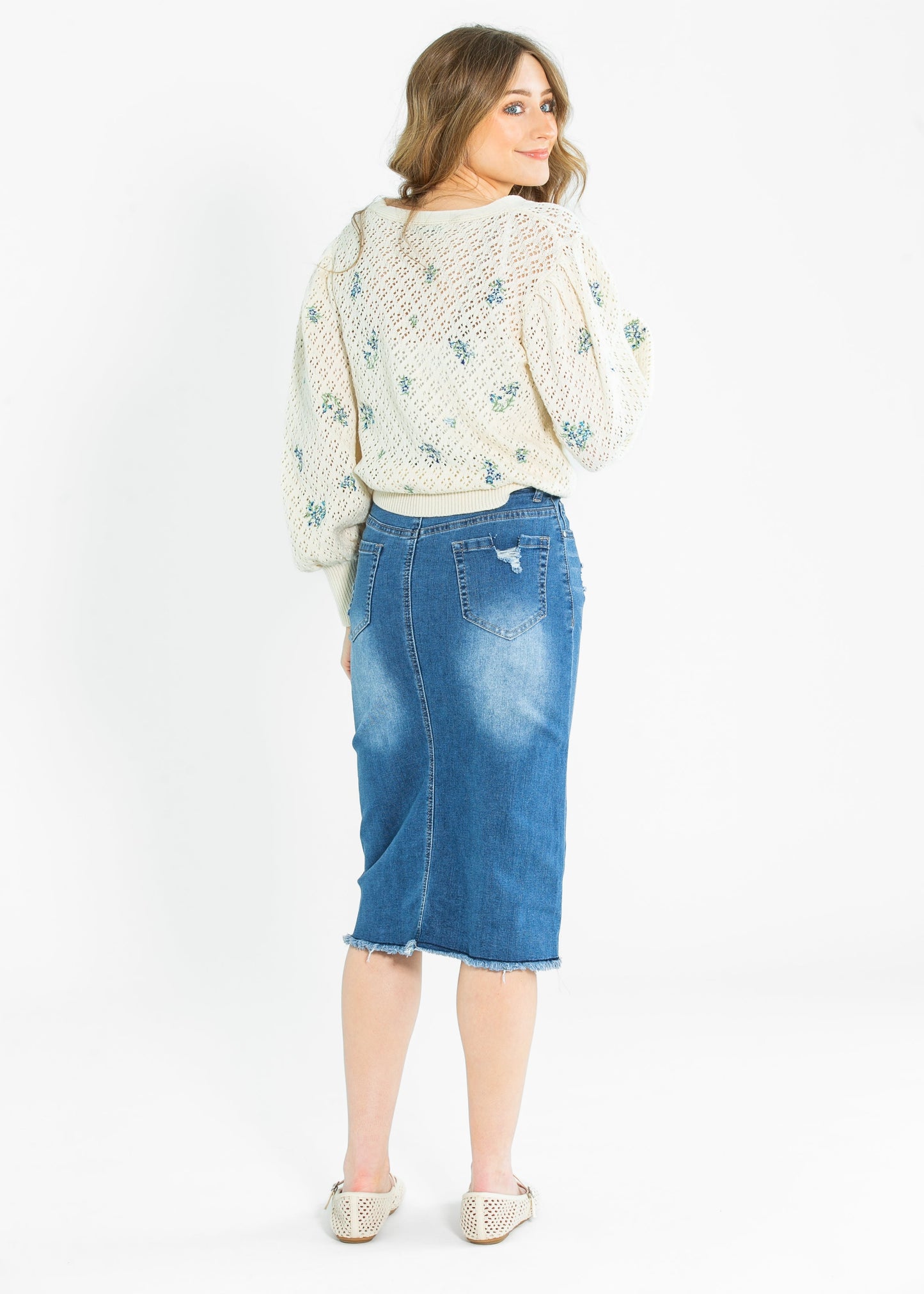 High Rise Stretch Denim Midi Skirt Hadley by Inherit Co.