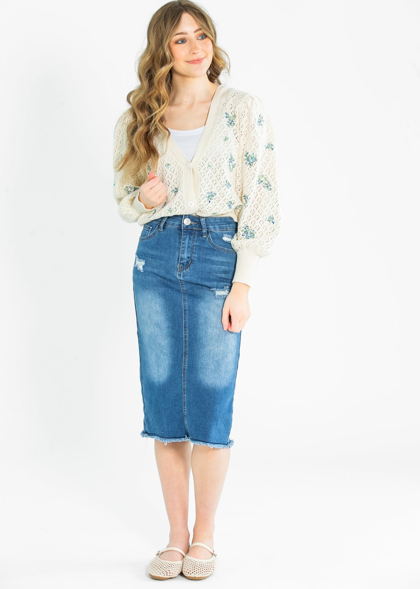 High Rise Stretch Denim Midi Skirt Hadley by Inherit Co.