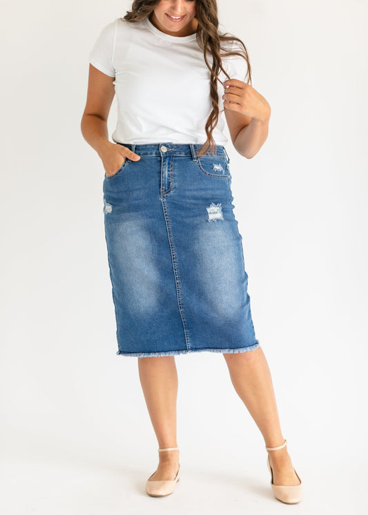 High Rise Stretch Denim Midi Skirt Hadley by Inherit Co.