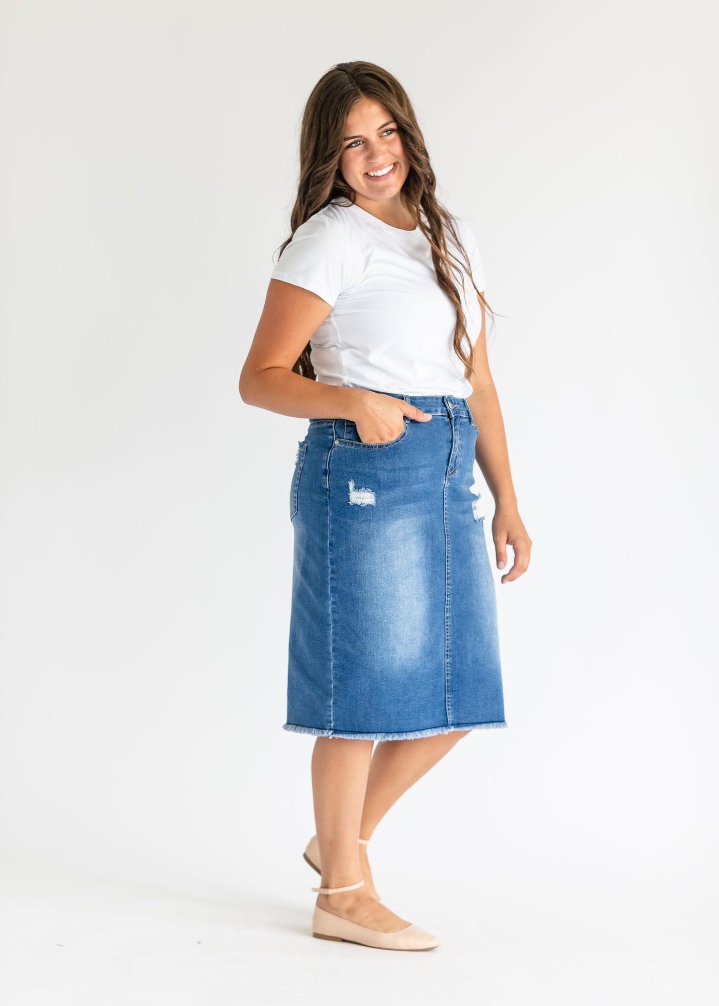 High Rise Stretch Denim Midi Skirt Hadley by Inherit Co.