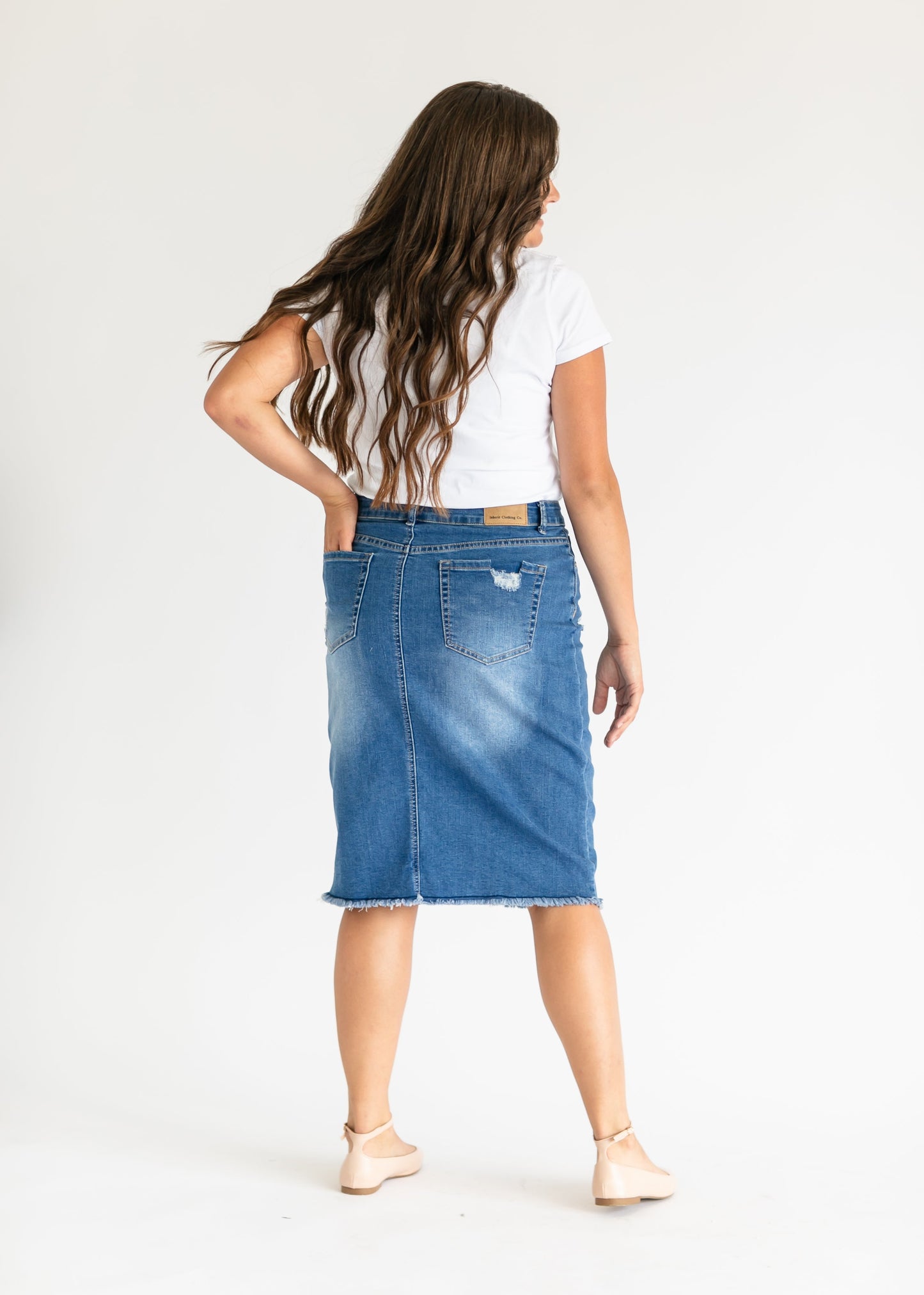 High Rise Stretch Denim Midi Skirt Hadley by Inherit Co.
