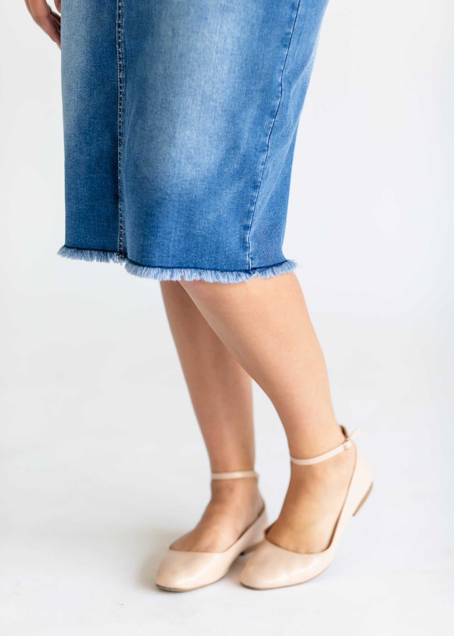 High Rise Stretch Denim Midi Skirt Hadley by Inherit Co.