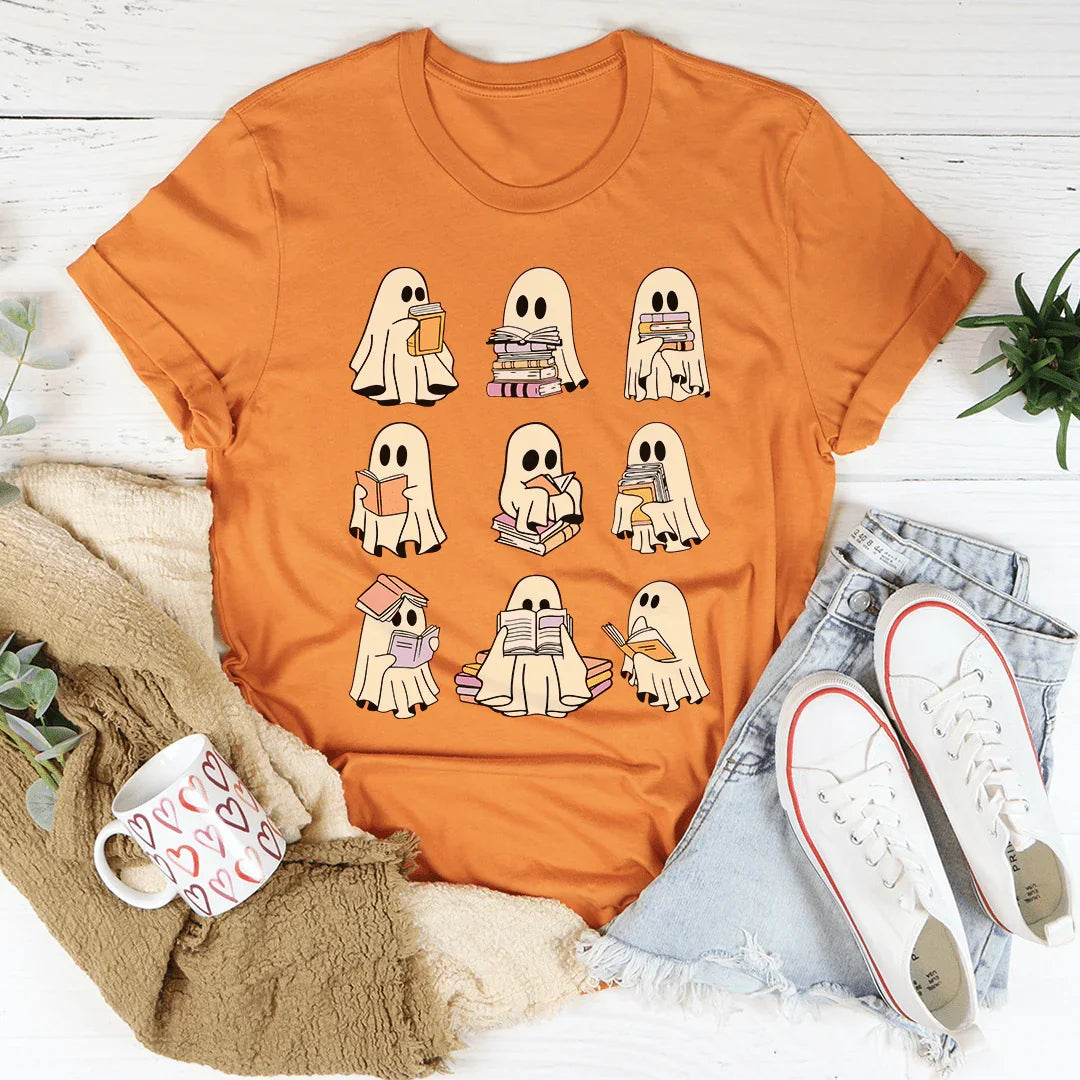 Halloween Ghost Book Lover Tee Ultra-Soft T-Shirt Peachy Sunday