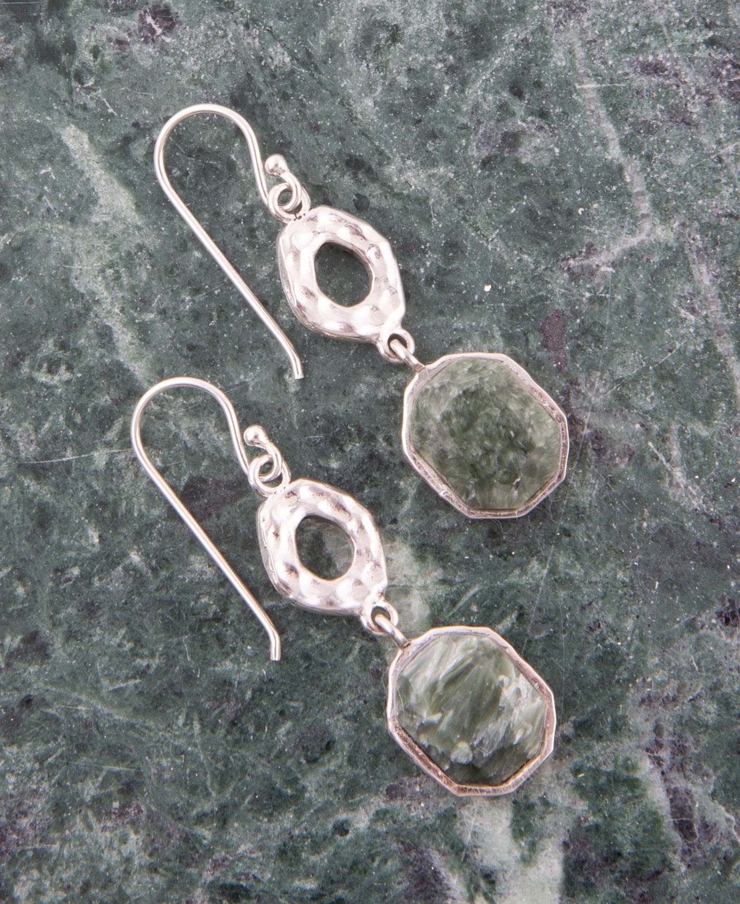 Hammered Green Seraphinite Sterling Silver Drop Earrings Barse Jewelry