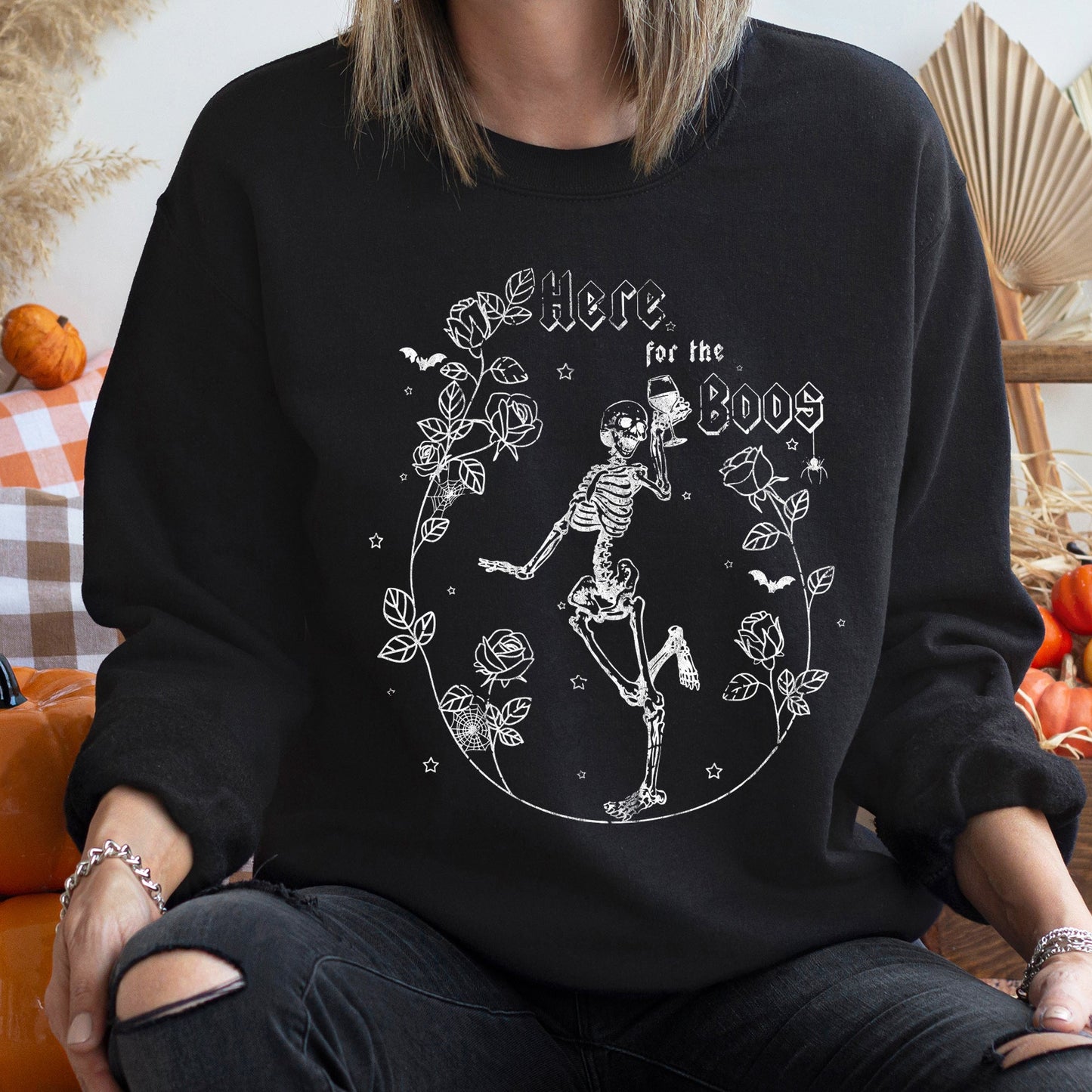 Here For The Boos Vintage Halloween Sweatshirt with Soft Fleece Interior