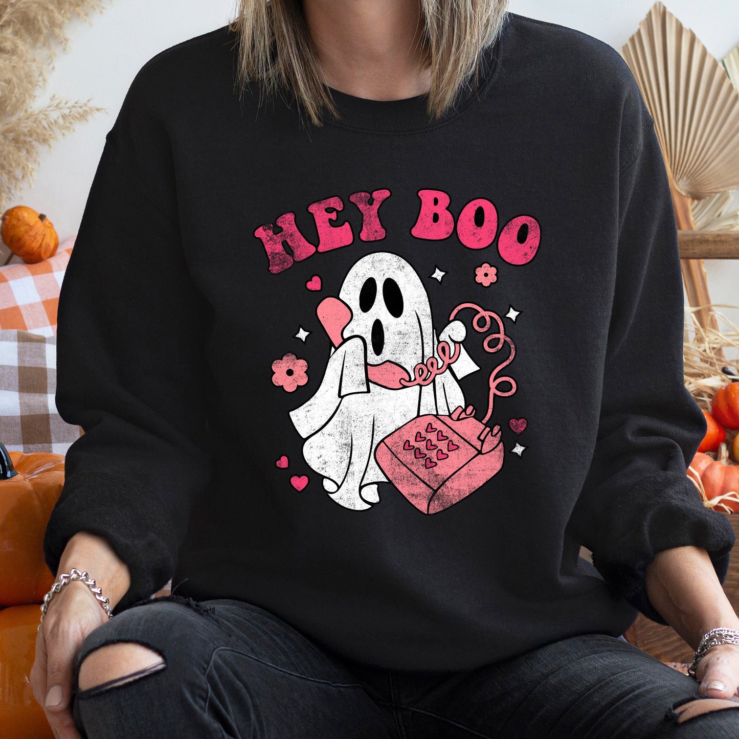 Hey Boo Vintage Halloween Sweatshirt Unisex Cotton Polyester Blend