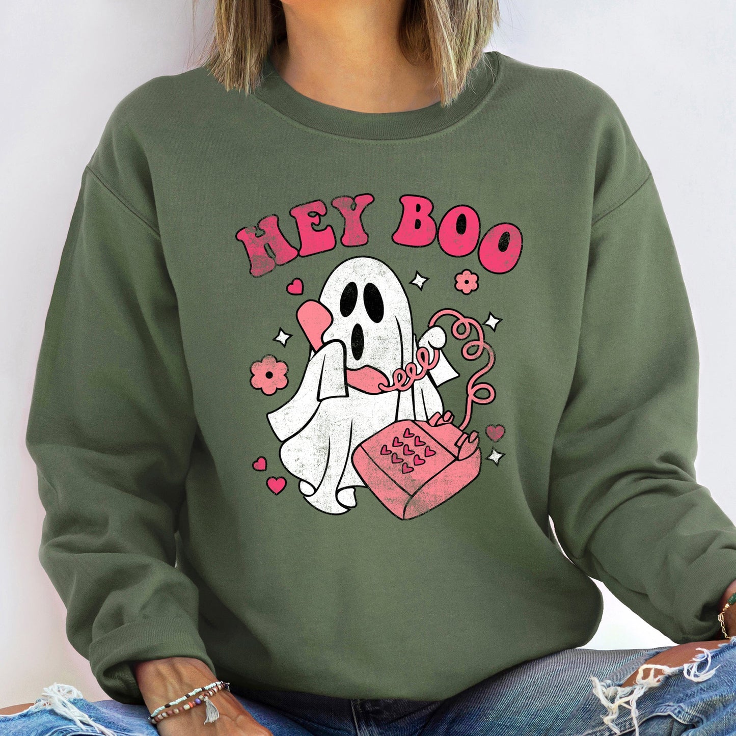 Hey Boo Vintage Halloween Sweatshirt Unisex Cotton Polyester Blend