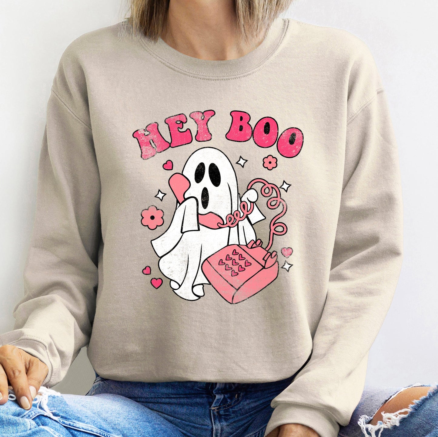 Hey Boo Vintage Halloween Sweatshirt Unisex Cotton Polyester Blend