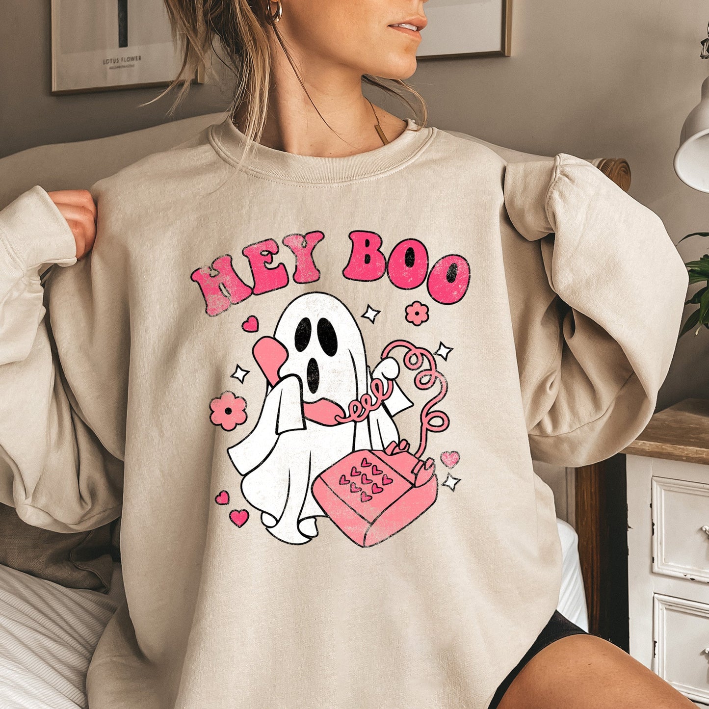 Hey Boo Vintage Halloween Sweatshirt Unisex Cotton Polyester Blend