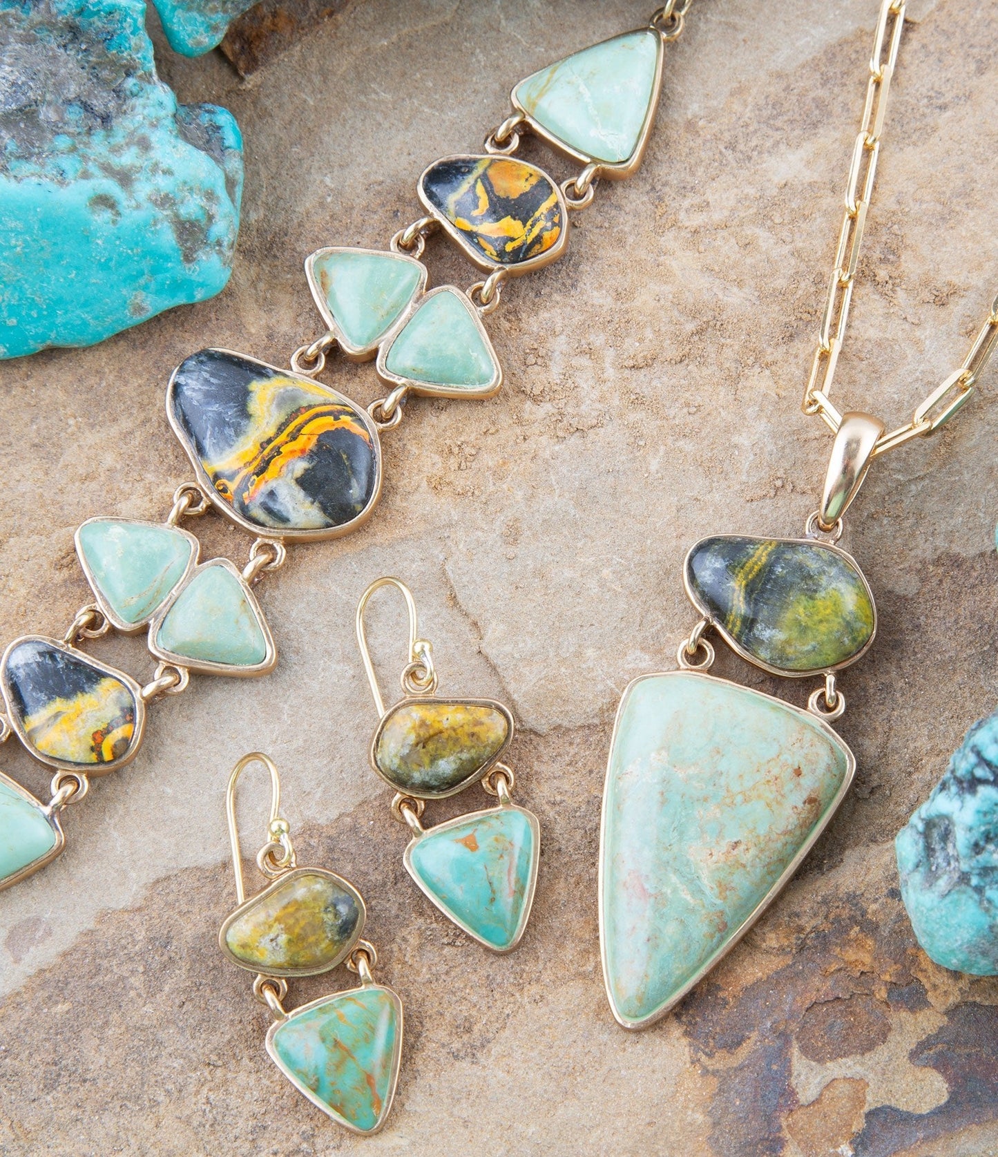 Bumblebee Jasper Green Turquoise Hinged Golden Earrings