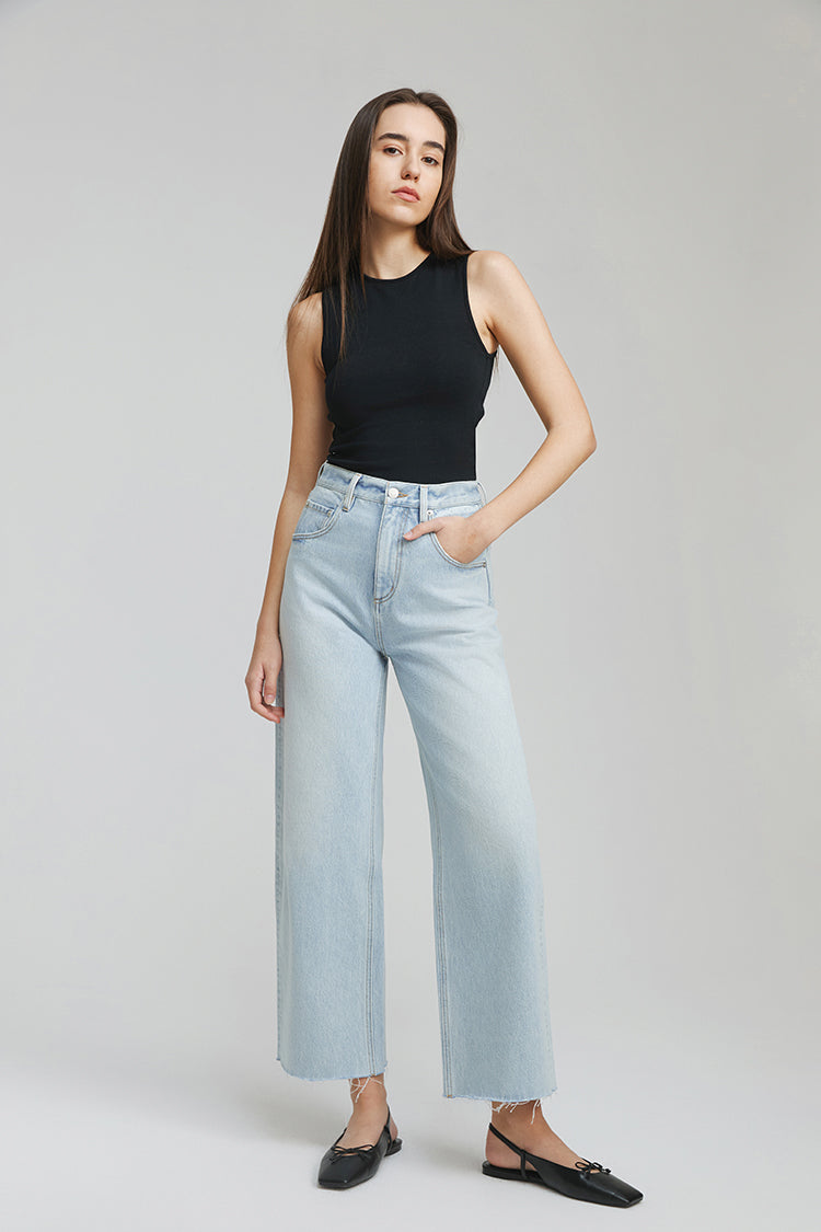 Moon Curve Raw Hem High-Rise Wide-Leg Crop Jeans Hey Joanie