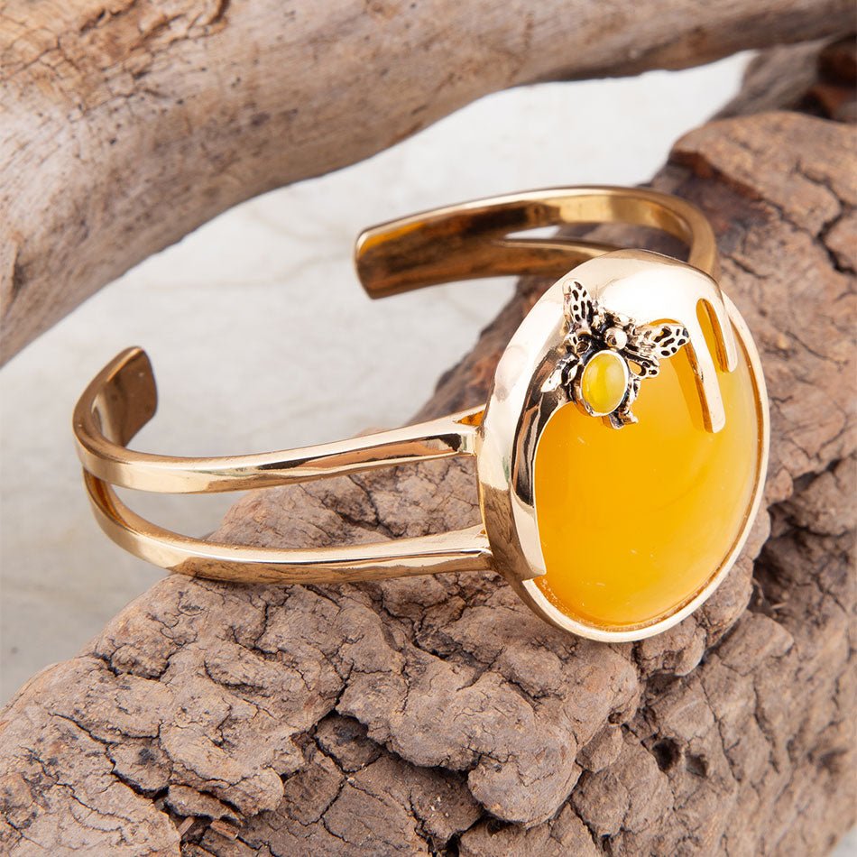 Yellow Agate Honey Bee Golden Cuff Bracelet Barse Jewelry