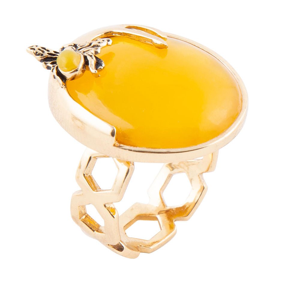 Yellow Agate Honey Bee Golden Ring Bronze Jewelry Barse