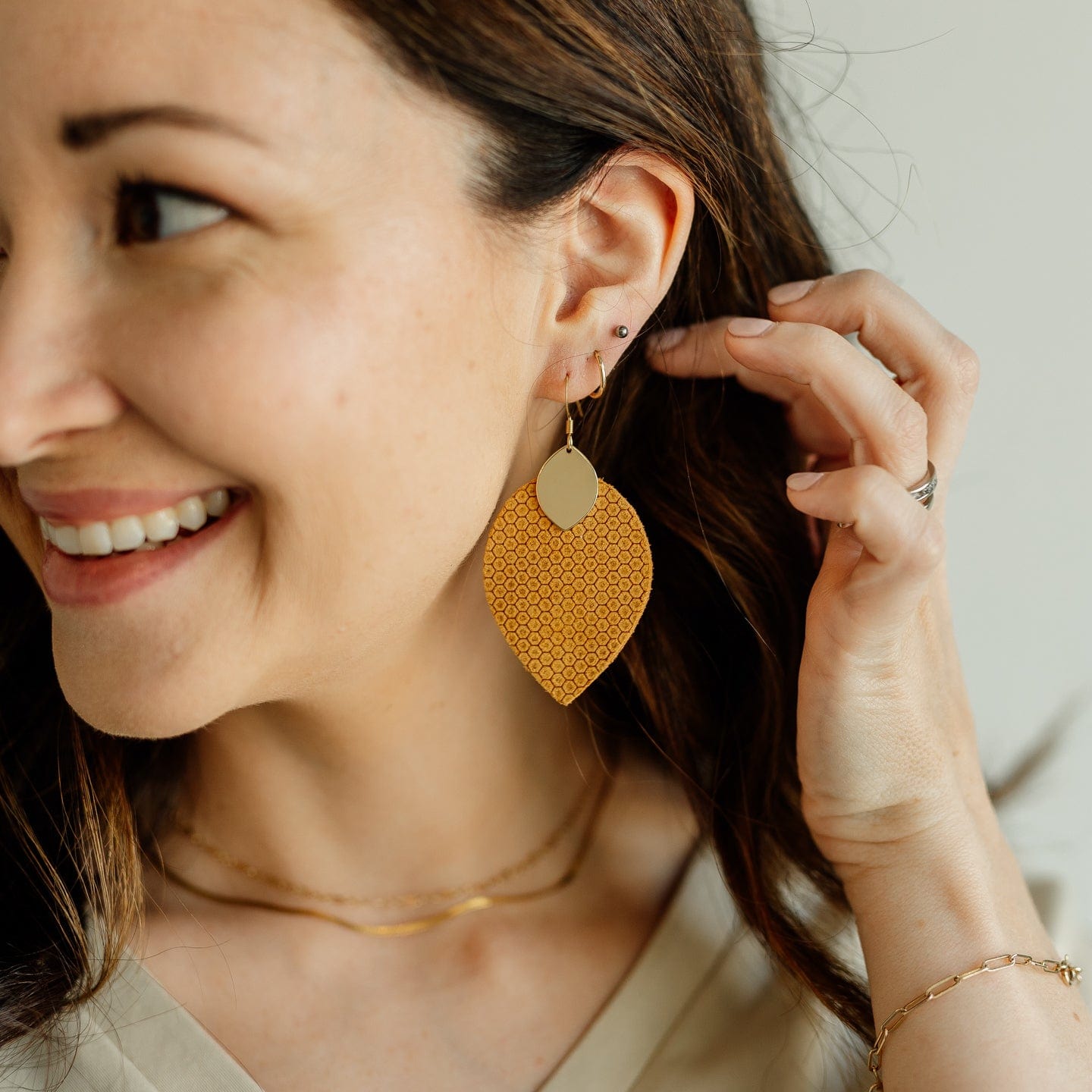 Honey Mustard Lightweight Leather Statement Earrings Sela Designs