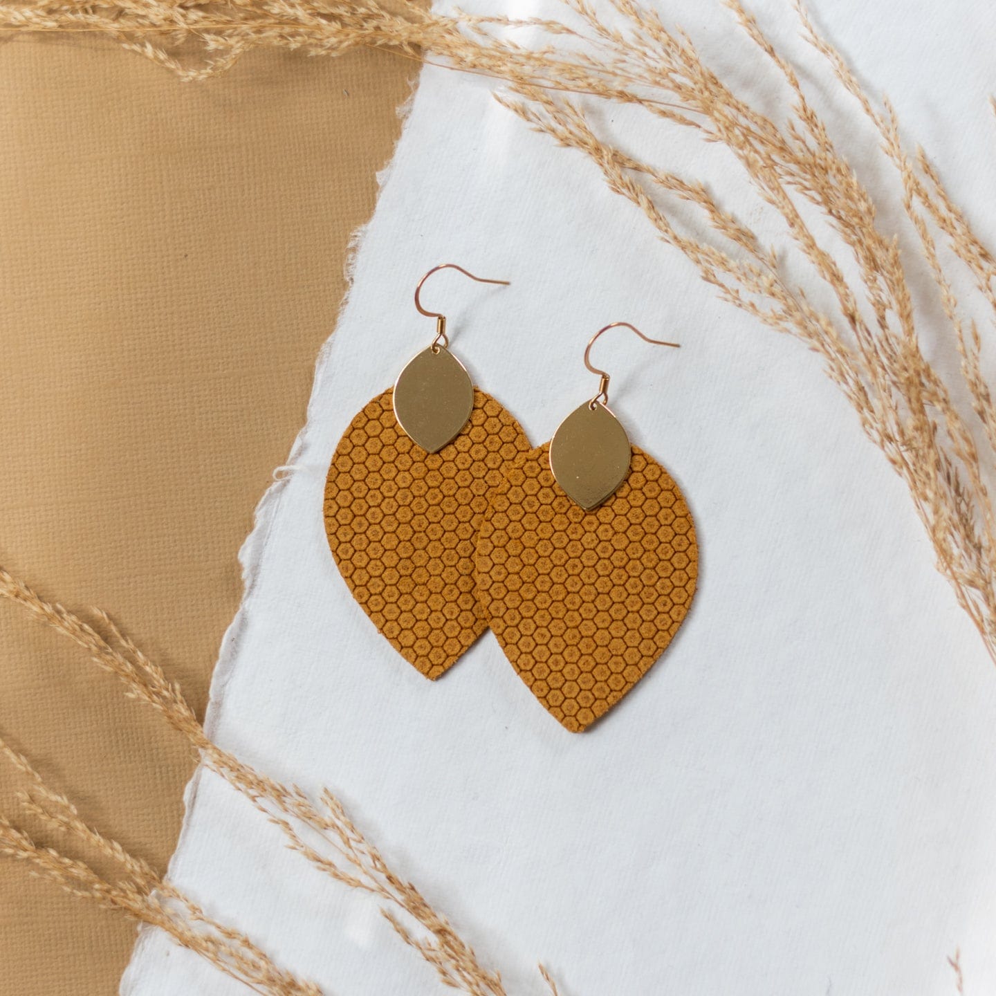 Honey Mustard Lightweight Leather Statement Earrings Sela Designs