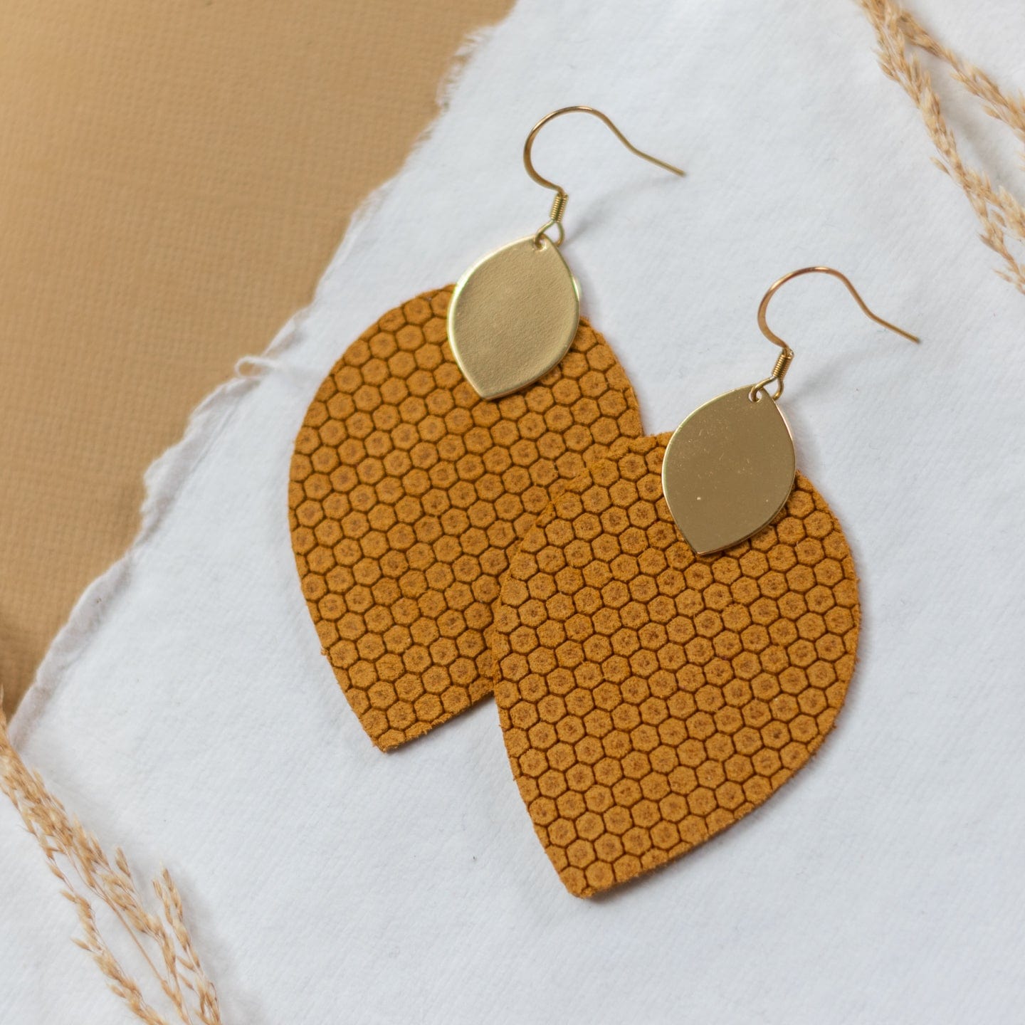 Honey Mustard Lightweight Leather Statement Earrings Sela Designs