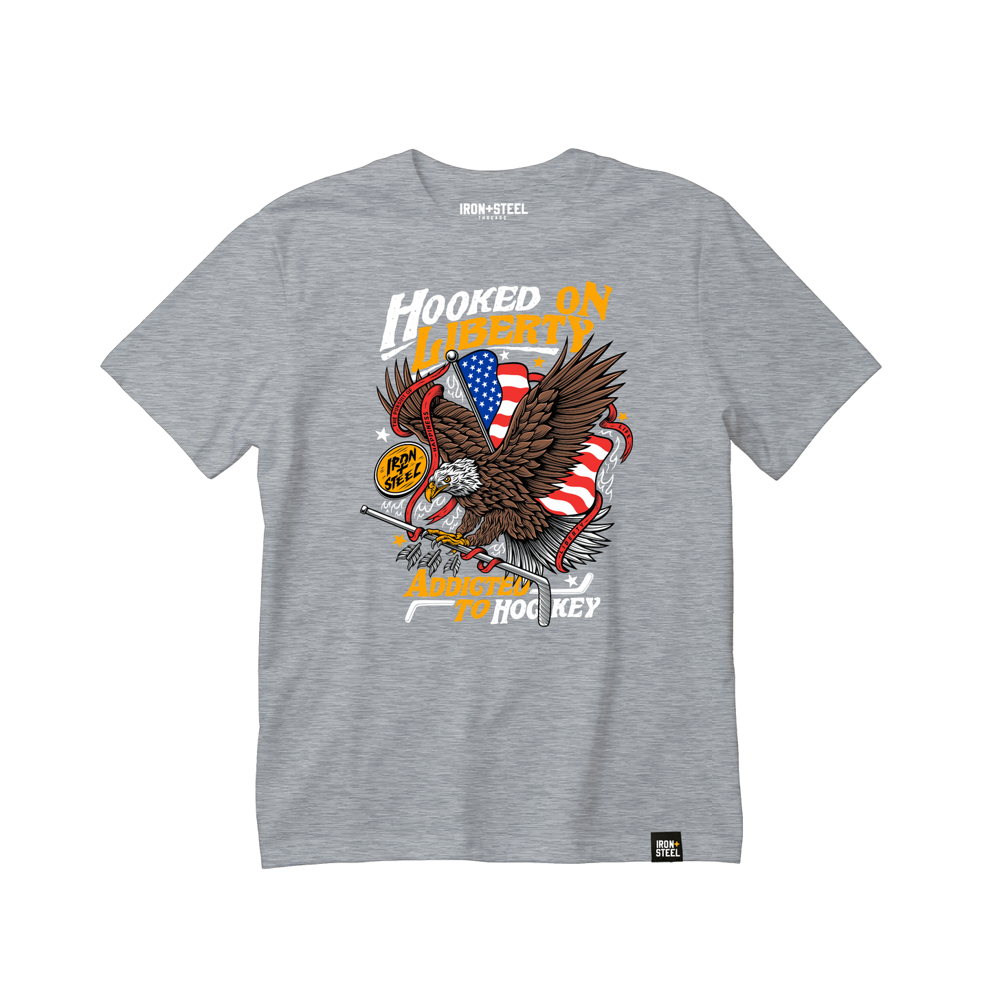 Hooked on Freedom Patriotic Hockey Tee Iron+Steel