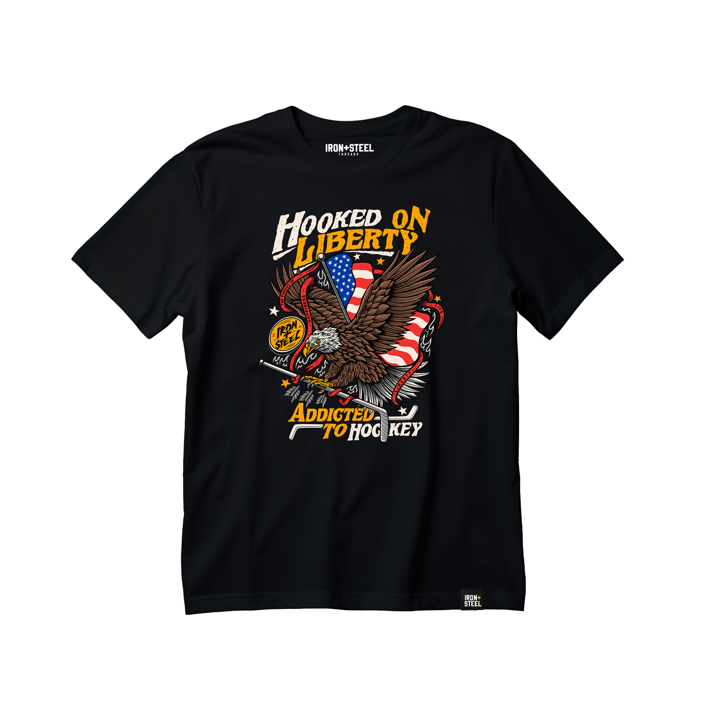 Hooked on Freedom Patriotic Hockey Tee Iron+Steel