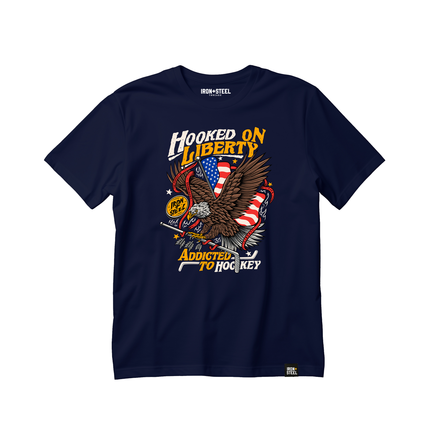 Hooked on Freedom Patriotic Hockey Tee Iron+Steel